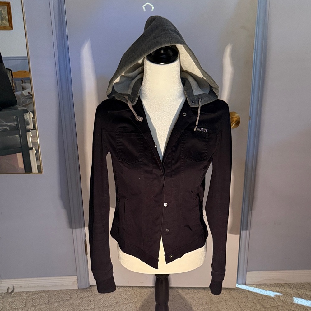 Guess Women's Black Utility Jacket with Gray Hood